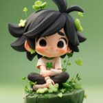 Full body, Super cute grass boy with black hair, fitted T - shirt and a silly sm...