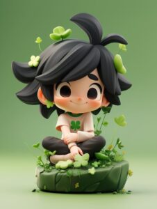Full body, Super cute grass boy with black hair, fitted T - shirt and a silly sm...