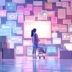A person with an online shopping cart, surrounded by boxes and screens displayin...