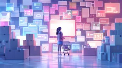 A person with an online shopping cart, surrounded by boxes and screens displayin...