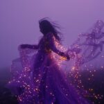 a women with transparent dress violet with gold stars, dancing in the dark, rose...