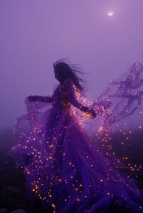 a women with transparent dress violet with gold stars, dancing in the dark, rose...