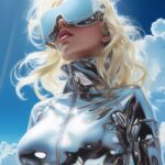 Hajime Sorayama, goddess, shining, metallic, airbrush, space, clouds, colourful ...