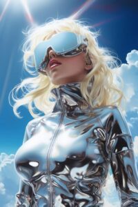 Hajime Sorayama, goddess, shining, metallic, airbrush, space, clouds, colourful ...