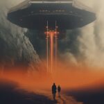 in space exploration, a giant spaceship is landing on an island, in the style of...