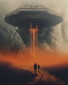 in space exploration, a giant spaceship is landing on an island, in the style of...