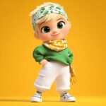 A cute boy around 6 years old, with short blond hair, oversized green clothes an...