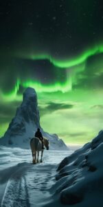 In search of northern lights over the snowy icelandic horse, in the style of rom...