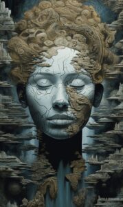 Abstract Fantasy Fusion Portrait in the style of Friedensreich Hundertwasser and...
