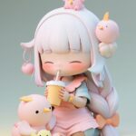 Uper cute gril IP, pop mart, clean background, there are animals, pastel color, ...