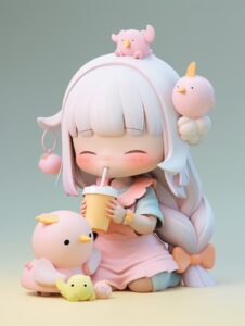 Uper cute gril IP, pop mart, clean background, there are animals, pastel color, ...