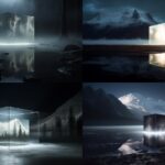 high resolution photograph of a dark nordic landscape, silhouttes of mountains a...