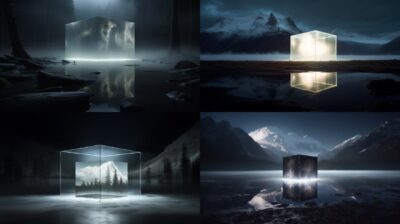 high resolution photograph of a dark nordic landscape, silhouttes of mountains a...