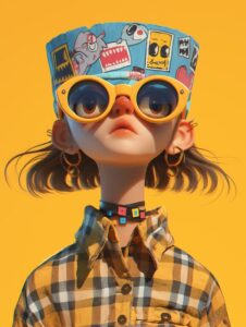 3D nft quirky monster character wearing oversize golden hoop earrings, she was a...