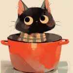 A cute little cat sitting in a huge soup pot ,he style of Raina Telgemeier, with...