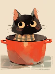 A cute little cat sitting in a huge soup pot ,he style of Raina Telgemeier, with...