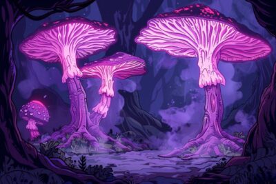 Фон для 2D игрыcartoon cave with massive treelike mushrooms, toxic fog, darker, ...