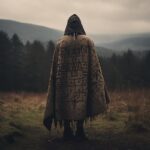 A distant full body photograph of a menacing pagan man wearing clothing covered ...