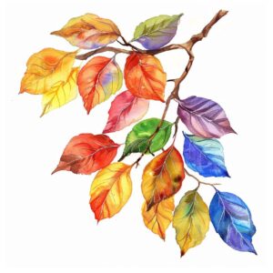 watercolor small multicolored autumn leaves on a branch, arial view --v 6.0by ev...