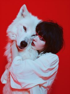 surealistic photography A girl with short black hair hugging the head of a white...