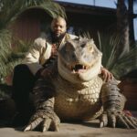 1990's. Portrait of Suge Knight and a dinosaur. Luxurious house in the backgroun...