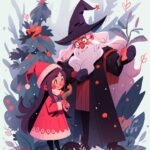 Christmas, a little witch and Santa Claus, chatting in the house, children's ill...