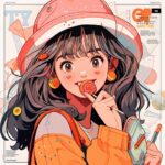 A beautiful girl, golden ratio face, cute expression, happy, holding a lollipop,...