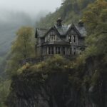 1-2an old wooden house on the side of a mountain, in the style of neoclassicist ...