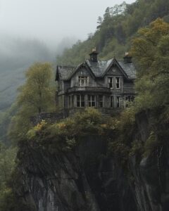 1-2an old wooden house on the side of a mountain, in the style of neoclassicist ...