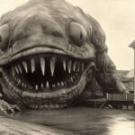 A black and white horrifying vintage photograph of a huge monster --s 750 --v 5b...