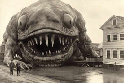 A black and white horrifying vintage photograph of a huge monster --s 750 --v 5b...