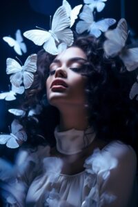 A beatiful young woman with white makeup and white butterflies on her face, danc...