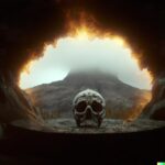 Glowing portal inside of giant skull with engraved ornament on mystical landscap...