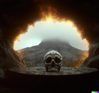 Glowing portal inside of giant skull with engraved ornament on mystical landscap...