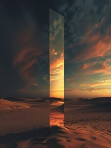 a thin memorial Spectrum Frosted glass Memorial in the desert black night, art s...