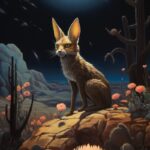 A cryptic chupacabra prowling a Southwestern landscape at night, depicted in a s...