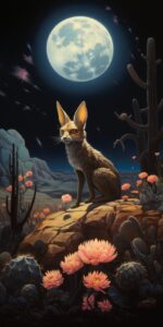 A cryptic chupacabra prowling a Southwestern landscape at night, depicted in a s...