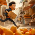 In the scene, a cute cartoon character is sprinting at high speed, as if deliver...