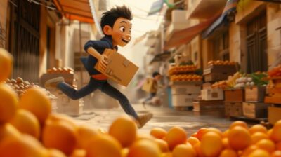In the scene, a cute cartoon character is sprinting at high speed, as if deliver...
