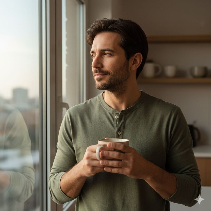 قهوه صبح، آرامش بی‌نظیر Ultra photorealistic portrait...