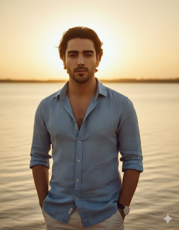 مرد در غروب طلایی کنار آب Ultra...