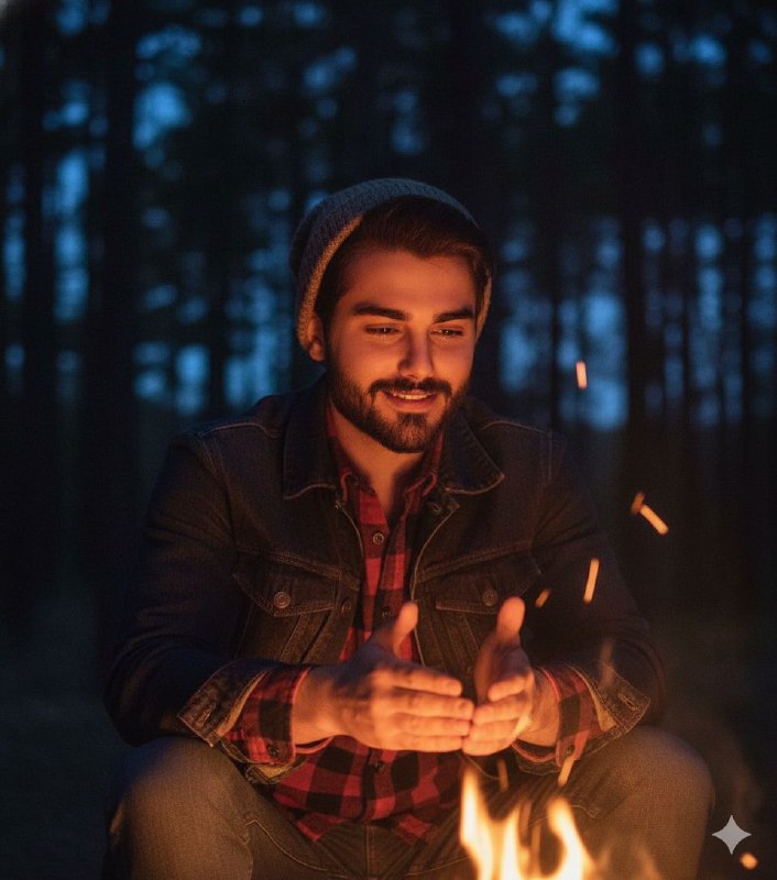 مرد کنار آتش در شب Ultra photorealistic...