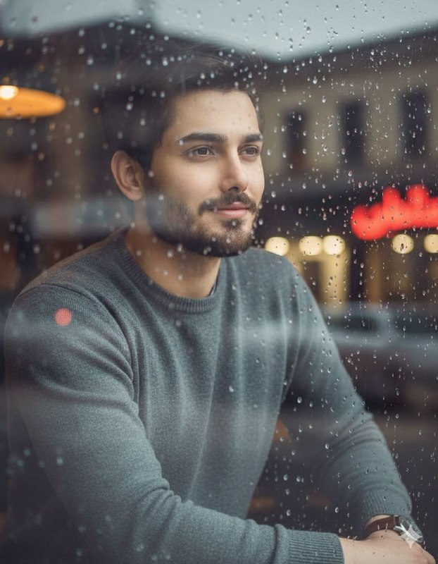مرد کنار پنجره بارانی رمانتیک Ultra photorealistic...