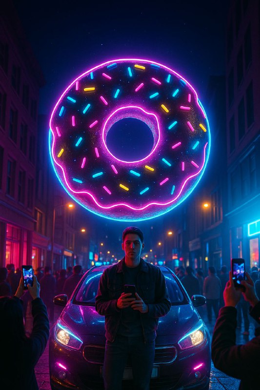 پرامپت عکس دونات نئونی«یک دونات غول‌پیکر شناور...