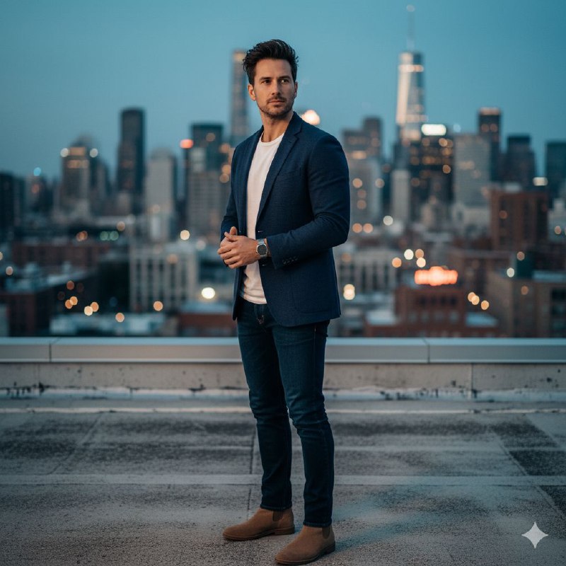 پرتره مرد روی پشت‌بام غروب Ultra photorealistic...