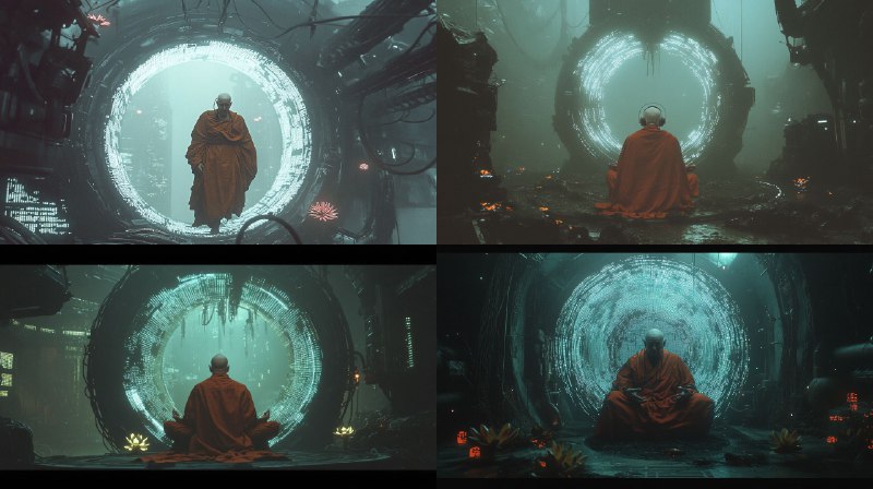 Prompt:cyberpunk underworld virtual reality meditation chamber elderly...