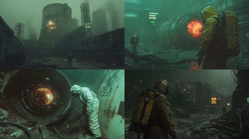 Prompt:cyberpunk underworld lone figure in protective suit...