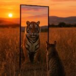 In a captivating scene, a large rectangular mirror stands amidst a golden grass ...