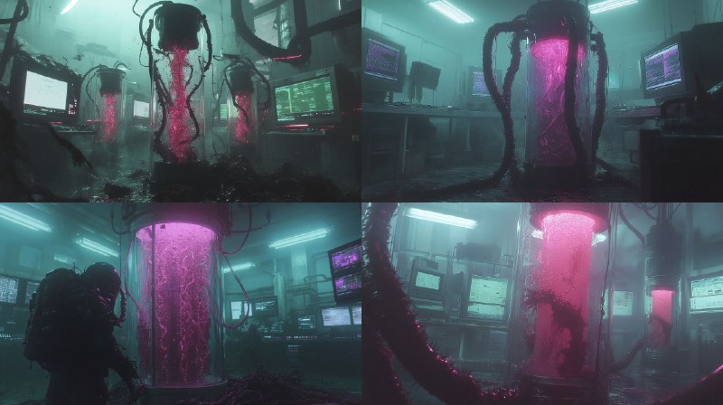 Prompt:cyberpunk underworld dark fluid gurgling through transparent...