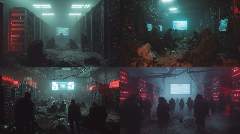Prompt:cyberpunk underworld ragged survivors huddle around dim...